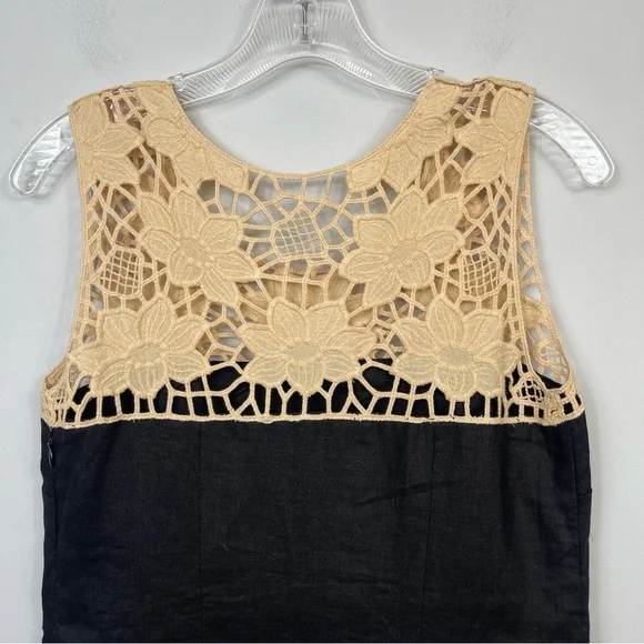 NWT LOFT Black Linen Shift Mini Dress Beige Crochet Lace Floral Neck Color Block - Picture 4 of 13